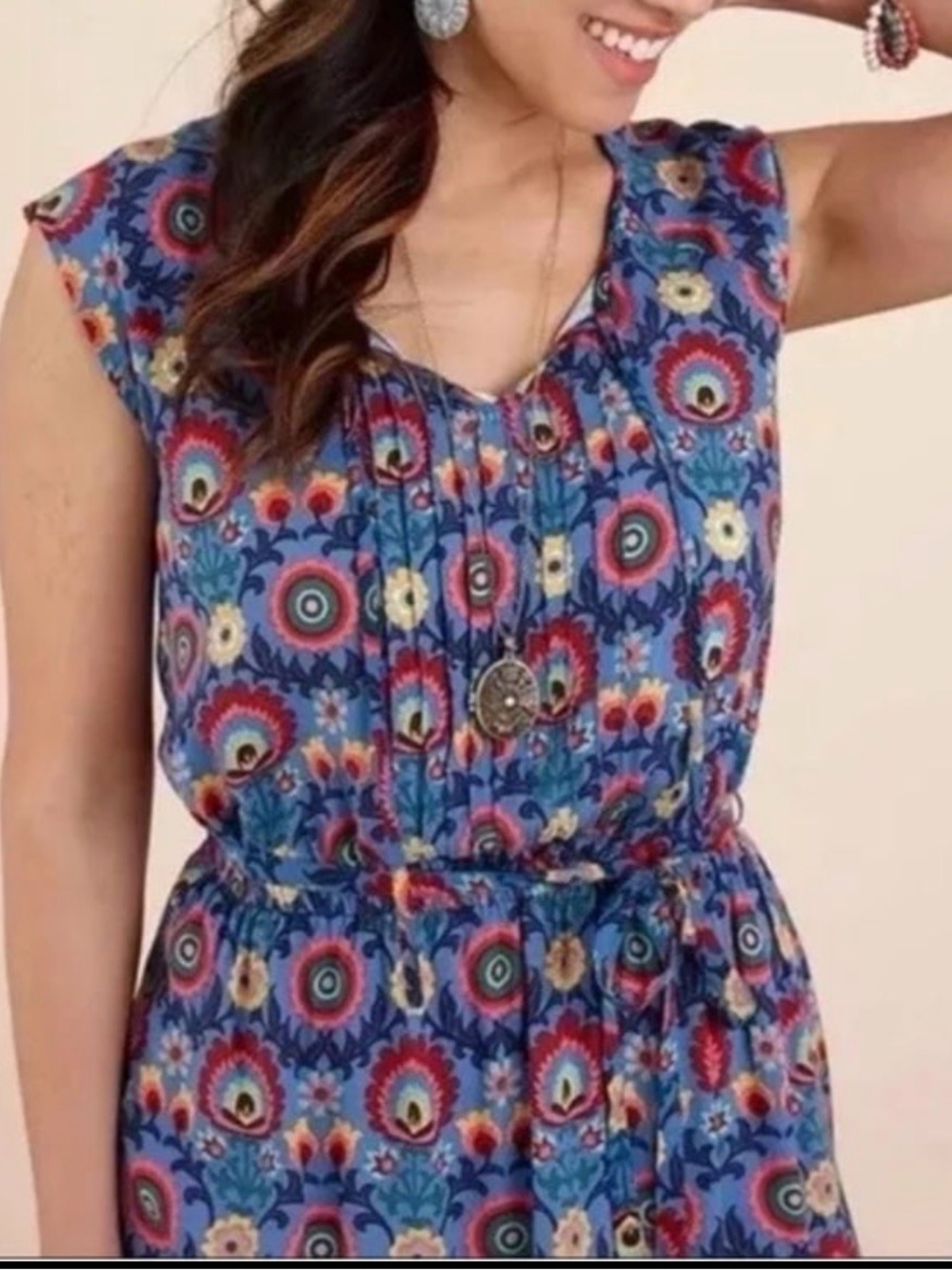 Matilda Jane Large Blue Floral Splendid Dress Womens L 100% Rayon Tie Waist